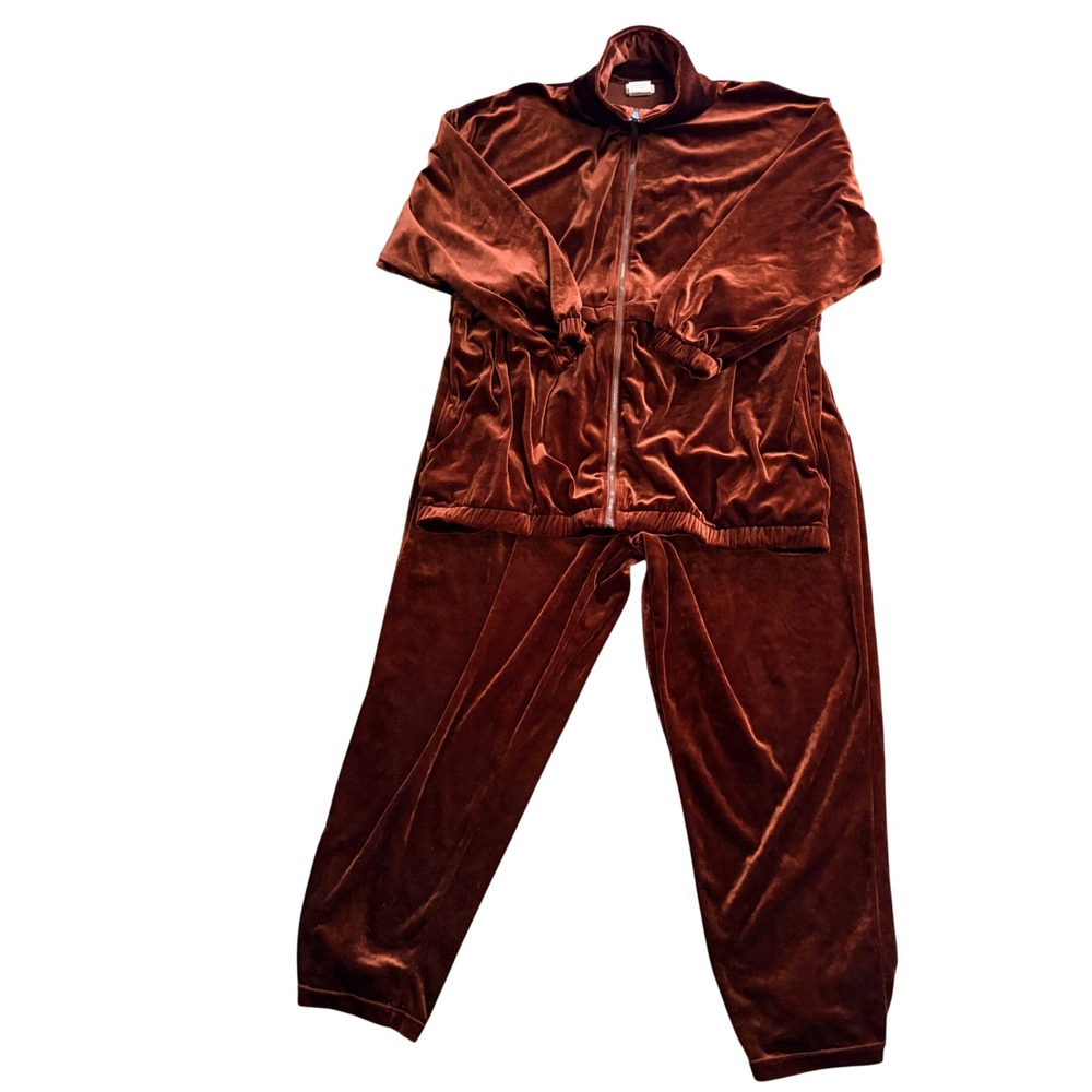 Roamans Vintage Velour Tracksuit 2pc Set Rust‎ Brown Full Zip Plus Size 1X
